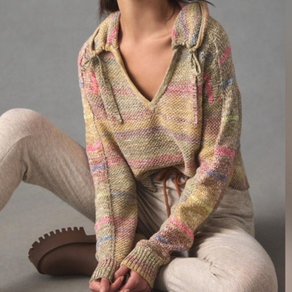 Anthropologie Daily Practice Multicolor Striped V-Neck Sweater Small - Picture 1 of 9